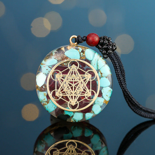 052 Natural Turquoise Metatron's Cube Energy Pendant Necklace - Spiritual Geometry Resin Amulet