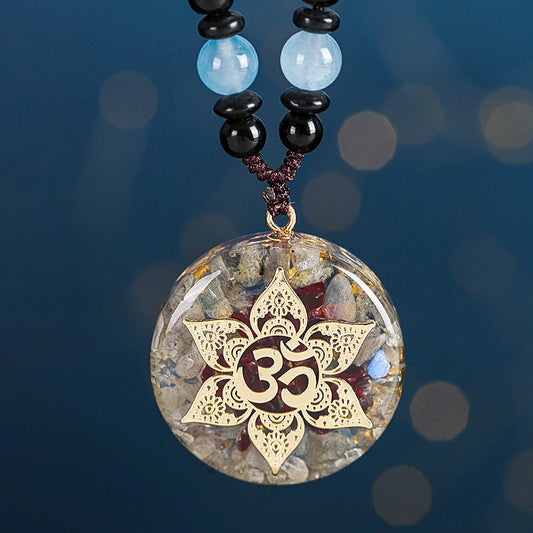 051 "Om" Energy Pendant - Natural Stone Lotus Symbol Resin Necklace | Spiritual Awakening & Energy Balance