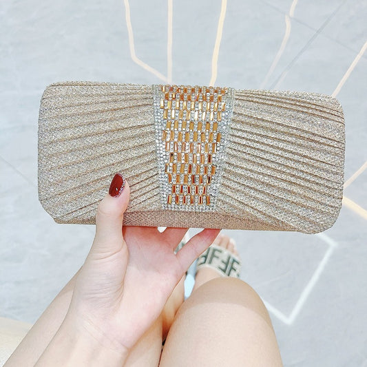 2026 New 015 The Crystal-Embellished Pleated Evening Clutch | Luxury Champagne Gold Celebration Purse