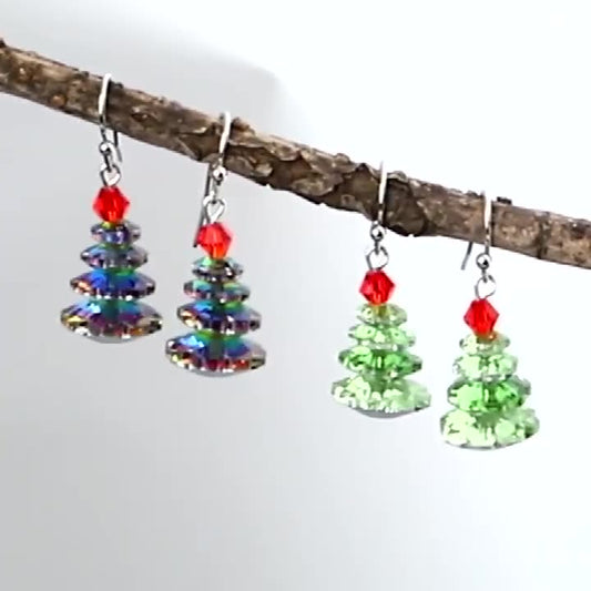 043 Charming Austrian Crystal Christmas Tree Earrings Handmade, Lightweight, Perfect for Holiday Parties