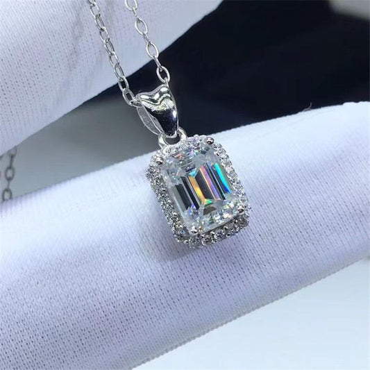 011 S925 Sterling Silver Emerald Cut Moissanite Pendant Necklace, D Color