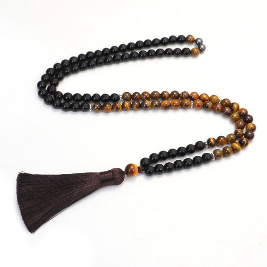 Natural Tiger Eye 108 Beads Mala Necklace and Bracelet Set Courage, Energy, and Chakra Balancing Spiritual Jewelry