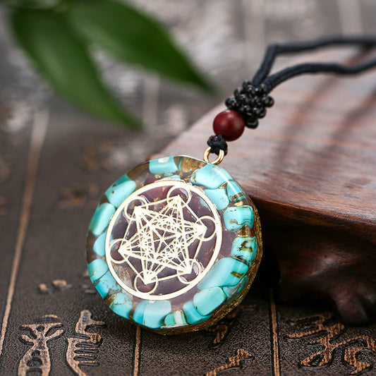 052 Natural Turquoise Metatron's Cube Energy Pendant Necklace - Spiritual Geometry Resin Amulet