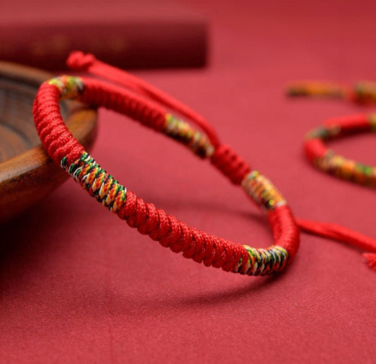 Multicolored Wu Xing Red String Zodiac Year Red Rope Bracelet with Buddhist Vajra Knot for Protection and Good Fortune