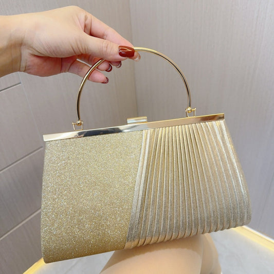 The Two-Tone Shimmer & Pleated Evening Clutch | Elegant Metal Handle Gala Purse