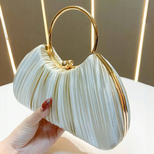 Vintage Metal Ring Evening Bag for Women, Pleated Satin Clutch Bag with Crossbody Chain