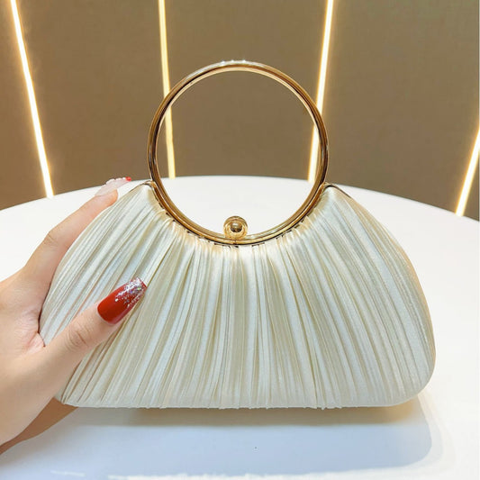Vintage Metal Ring Evening Bag for Women, Pleated Satin Clutch Bag with Crossbody Chain