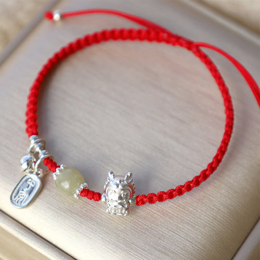 Jade  Handmade Year Of The Dragon 999 Sterling Silver Hetian Jade Copper Coin Peace And Joy Protection Bracelet