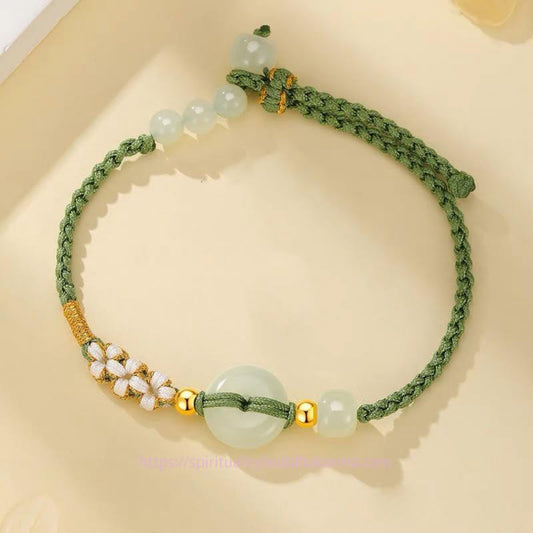 Jade  Hetian Jade Peace Buckle Luck Peach Blossom Braided Bracelet