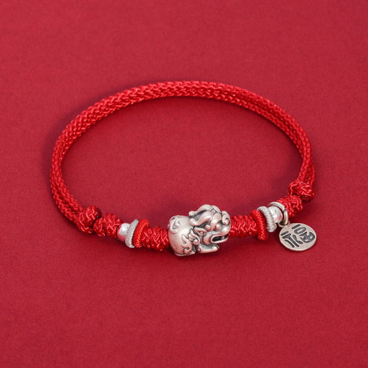 Ancient Tibetan Buddhist Red String Tradition  925 Sterling Silver PiXiu Fu Character Wealth Luck Handmade Braided Bracelet