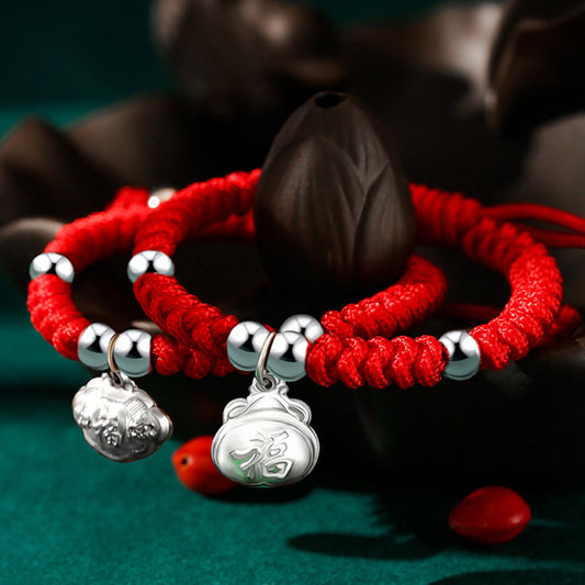 Ancient Tibetan Buddhist Red String Tradition  925 Sterling Silver Handmade Fu Character Lucky Money Bag Chinese Lock Charm Bell Lotus Copper Coin King Kong Knot Braided Kids Bracelet