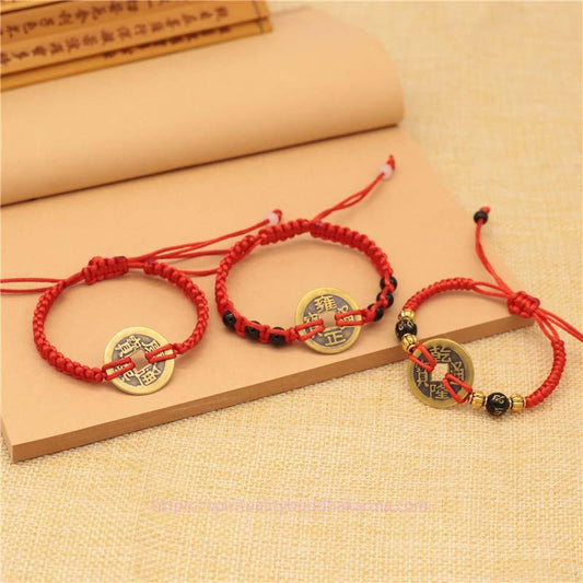 Ancient Tibetan Buddhist Red String Tradition  Copper Coin Fortune Red String Weave Bracelet