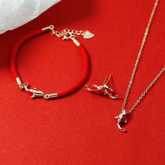 Ancient Tibetan Buddhist Red String Tradition  Copper Koi Fish Wealth Necklace Pendant Red Rope Bracelet Earrings Set