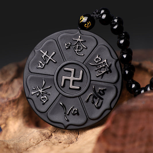 Spirituality Buddha Karma Natural Black Obsidian Tibetan Om Mani Padme Hum Buddha Swastika Luck Necklace Pendant