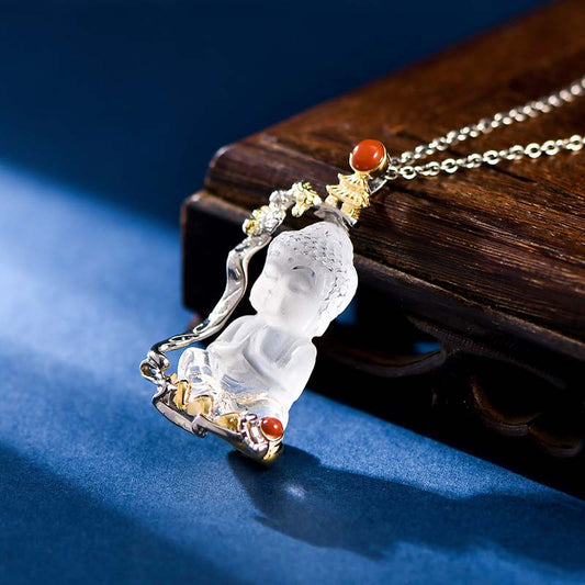 Buddha Energy Necklace 925 Sterling Silver White Crystal Buddha Carved Protection Necklace Pendant