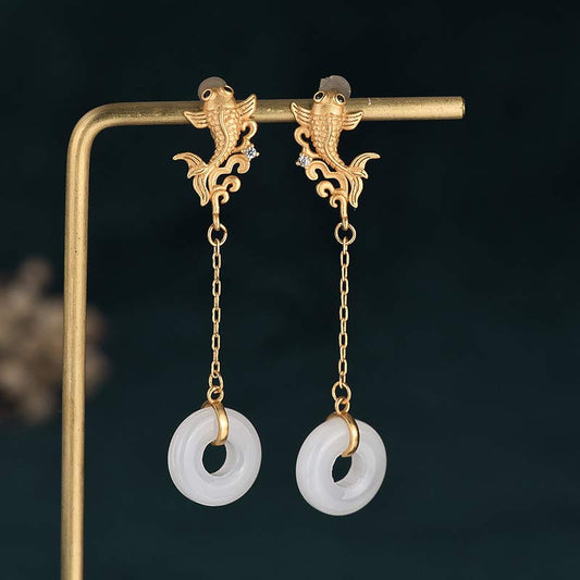 Jade  FengShui Koi White Jade Fortune Earrings