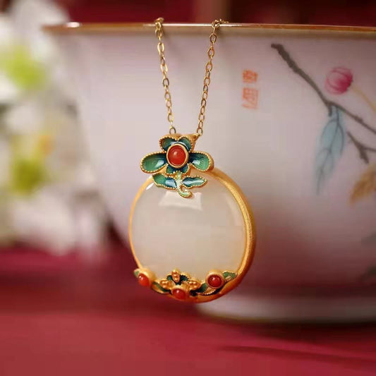 Jade  White Jade Red Agate Flower Blessing Luck Necklace Pendant