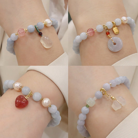 Ancient Tibetan Buddhist Red String Tradition  Natural Aquamarine Chalcedony Serenity Rabbit Gourd Cat Charm Bracelet
