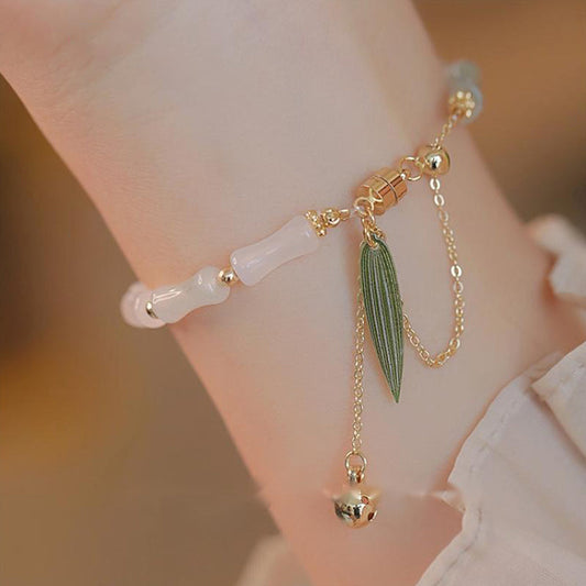 Jade  14K Gold Plated Hetian White Jade Bamboo Leaf Luck Protection Bracelet