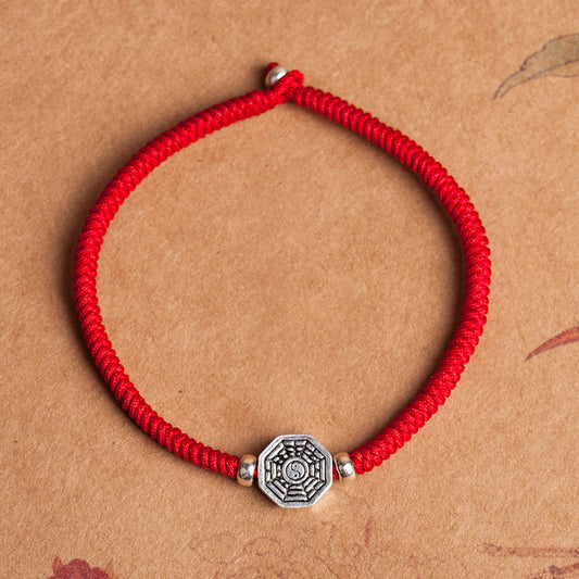 Ancient Tibetan Buddhist Red String Tradition  925 Sterling Silver Yin Yang Bagua Symbol Cinnabar String Concentration Bracelet