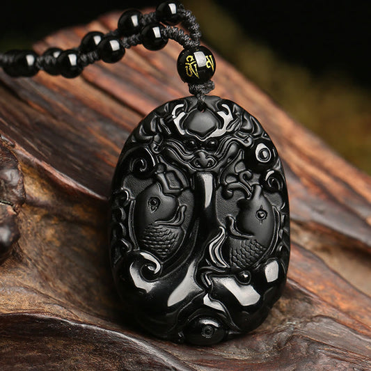 Spirituality Buddha Karma Black Obsidian Koi Fish Bead Rope Fulfilment Strength Necklace Pendant