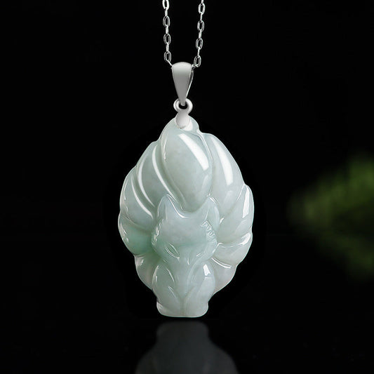 Jade  925 Sterling Silver Natural Jade Nine Tailed Fox Prosperity Necklace Pendant