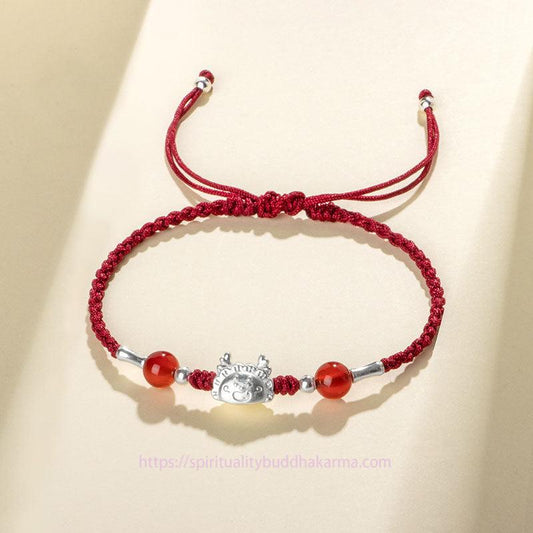 Ancient Tibetan Buddhist Red String Tradition  999 Sterling Silver Year of the Dragon Fu Character Dumpling Red Agate Luck Handcrafted Bracelet (Extra 30% Off | USE CODE: FS30)