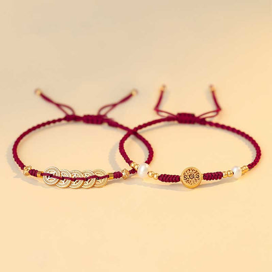 Ancient Tibetan Buddhist Red String Tradition  Copper Coin Fortune Tree Luck Strength Braided Bracelet