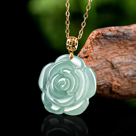 Jade  18K Gold 925 Sterling Silver Natural Jade Rose Luck Necklace Pendant