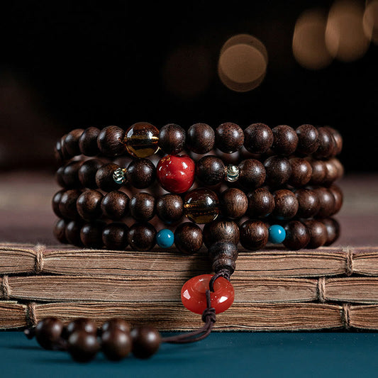 Spirituality 108 Mala Beads Kalimantan Agarwood Laughing Buddha Peace Buckle Red Agate Jade Strength Bracelet