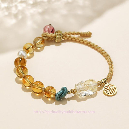 Golden Energy Citrine Wealth Solar Plexus Chakra (Third Chakra) PiXiu Fu Character Prosperity String Braided Bracelet