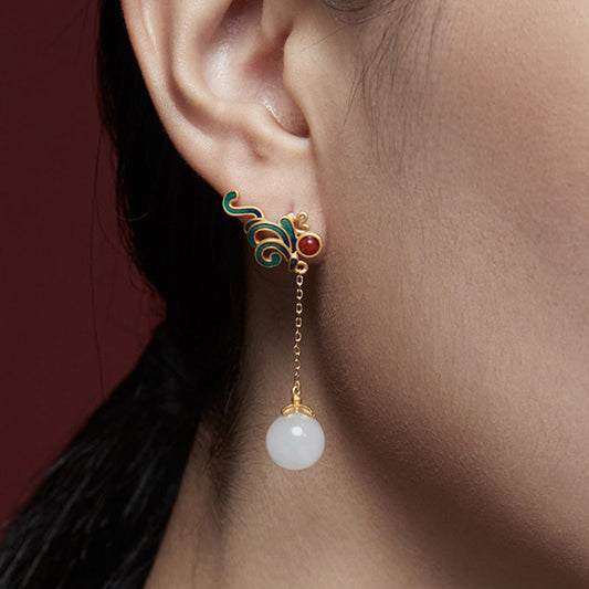 Jade  Vintage White Jade Red Agate Bead Blessing Drop Dangle Earrings