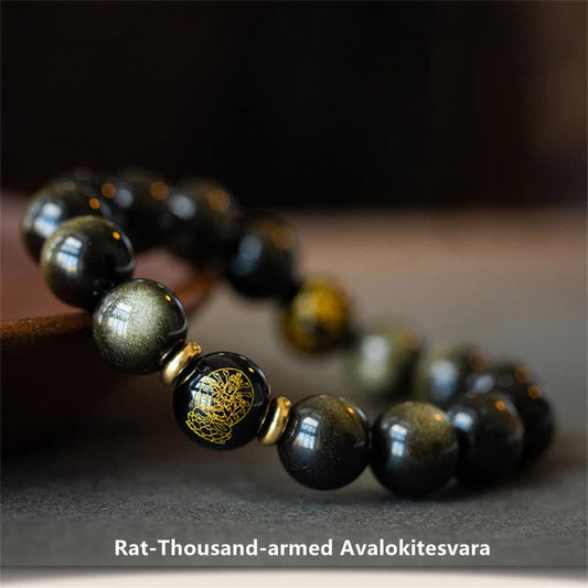 Spirituality Buddha Karma Chinese Zodiac Natal Buddha Gold Sheen Obsidian Wealth Protection Bracelet