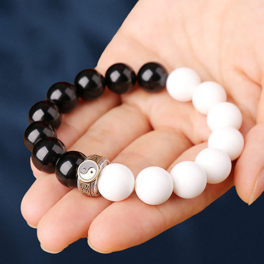 Spirituality Buddha Karma 925 Sterling Silver Black Obsidian White Shell Yin Yang Strength Bracelet
