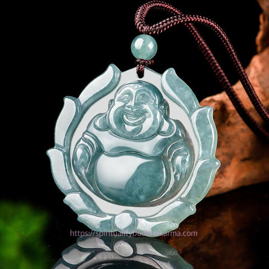 Buddha Energy Necklace Natural Jade Laughing Buddha Lotus Pattern Luck Necklace Pendant