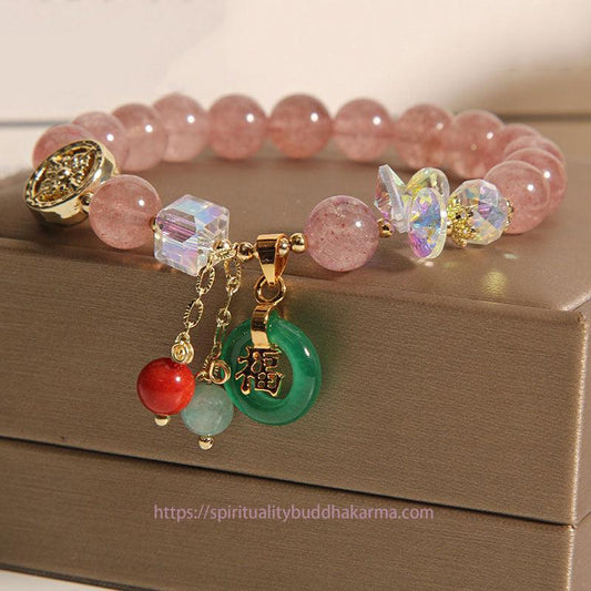 Jade  Strawberry Quartz Jade Fu Character Charm Healing Bracelet