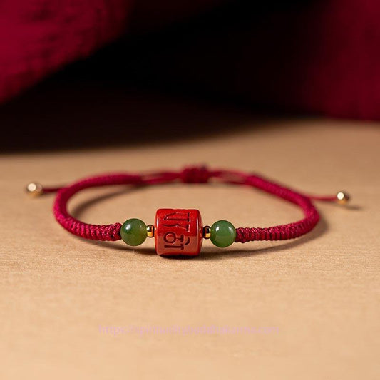 Ancient Tibetan Buddhist Red String Tradition  Tibetan Cinnabar Om Mani Padme Hum Engraved Blessing Braided Rope Bracelet