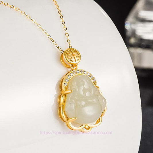 Buddha Energy Necklace 925 Sterling Silver Laughing Buddha Hetian White Jade Protection Necklace Pendant