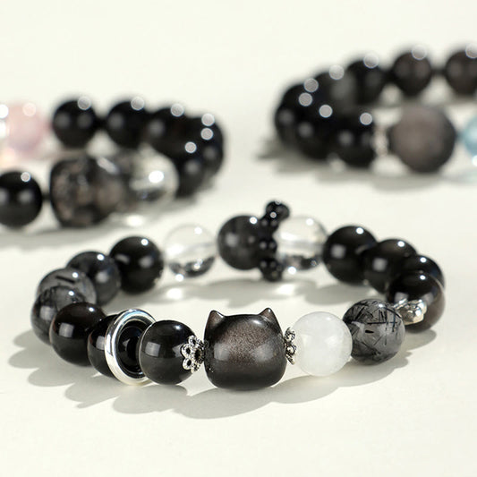 Spirituality Buddha Karma Natural Silver Sheen Obsidian Cat Head Fox Planet Protection Bracelet
