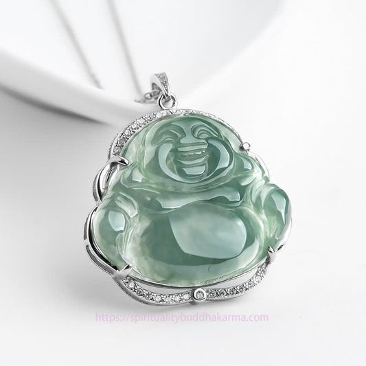 Buddha Energy Necklace 925 Sterling Silver Laughing Buddha Natural Jade Luck Necklace Chain Pendant