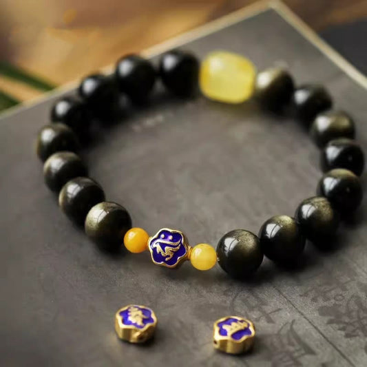 Spirituality Buddha Karma 925 Sterling Silver Chinese Zodiac Natal Buddha Natural Gold Sheen Obsidian Amber Wealth Protection Bracelet