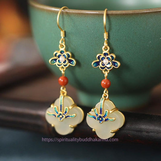 Jade  Lucky Four Leaf Clover Jade Abundance Copper Earrings