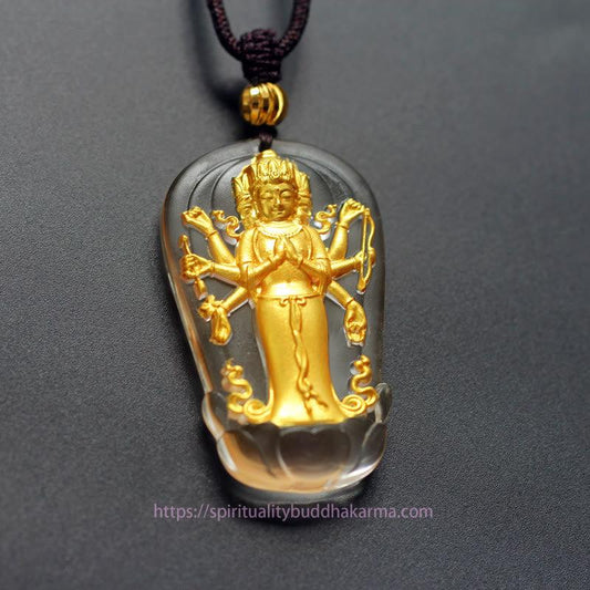 Buddha Energy Necklace Tibetan Eight-armed Avalokitesvara Guanyin Buddha Gold Plated Liuli Crystal Wealth Necklace Pendant