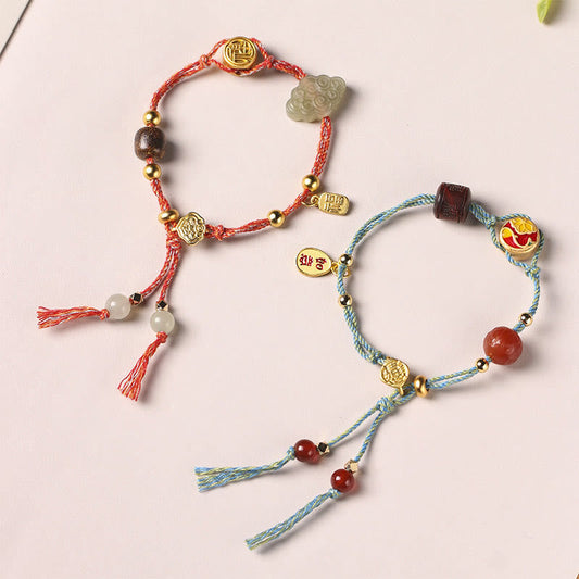 Ancient Tibetan Buddhist Red String Tradition  Handmade Auspicious Clouds Hetian Jade Fu Character Luck Fortune Rope Bracelet