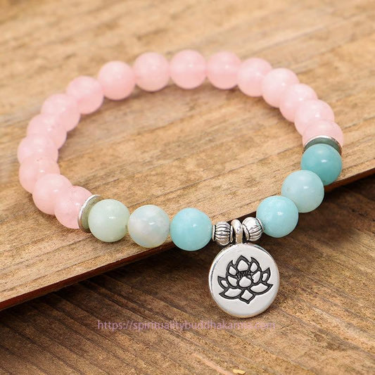 Spirituality Natural Pink Crystal Amazonite Lotus Buddha OM Symbol Warmth Bracelet