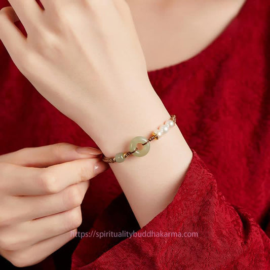 Jade  Natural Hetian Jade Pearl Peace Buckle Luck Bracelet