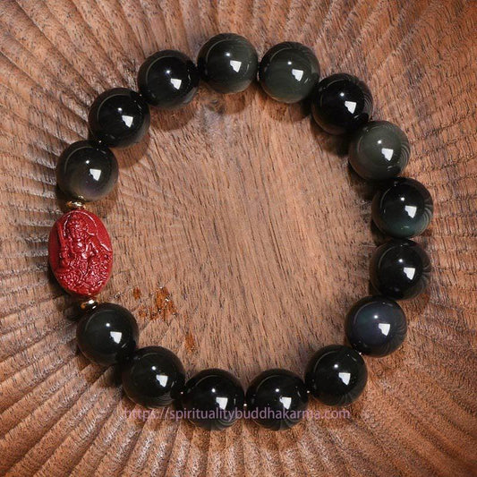 Spirituality Chinese Zodiac Natal Buddha Natural Black Obsidian Cinnabar Purification Bracelet