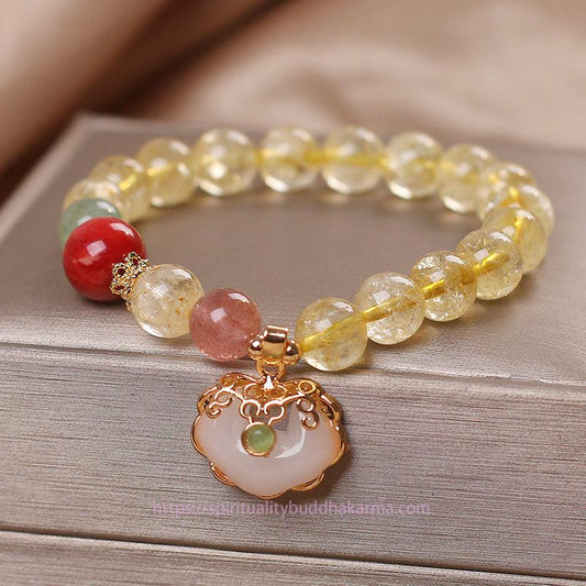 Golden Energy Citrine Natural Wealth Solar Plexus Chakra (Third Chakra) White Jade Strawberry Quartz Protection Charm Bracelet