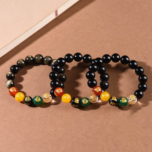 Spirituality Buddha Karma Gold Sheen Obsidian Rainbow Obsidian Black Obsidian Five Directions Gods of Wealth Bracelet
