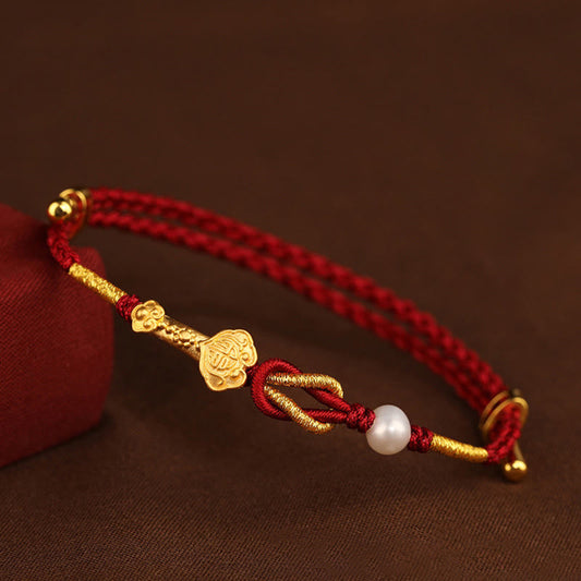 Ancient Tibetan Buddhist Red String Tradition  24K Gold Wish Ruyi Handle Fu Character Rabbit Pearl Luck Braided Bracelet